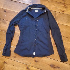 Women's Long-sleeve button down shirt, navy, size S